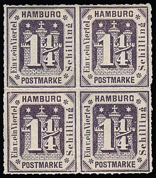 1 1/4 Sch. dark violet, unused block of four, two stamps mint never hinged, Mi. loose 320,-