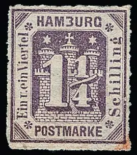 1 1/4 Sch. gris-pourpre (léger tache d'angle) avec défaut de plaque "HAM3URG" non oblitéré sans gomme, ainsi que gris-violet comme partie inférieure non oblitérée avec numéro de rangée