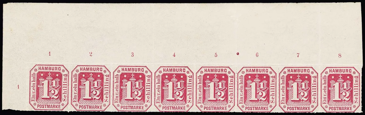 1 1/2 Sch. carmine, mint never hinged strip of eight from the upper left sheet corner with very wide top margin, also lower right sheet corner, top margin pair and block of four