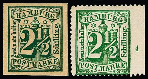 2 1/2 Sch. vert foncé, variété "non dentelé" comme pièce de cabinet non oblitérée, ainsi que 2 1/2 Sch. vert olive non oblitéré sans gomme du bord droit, non dentelé à droite