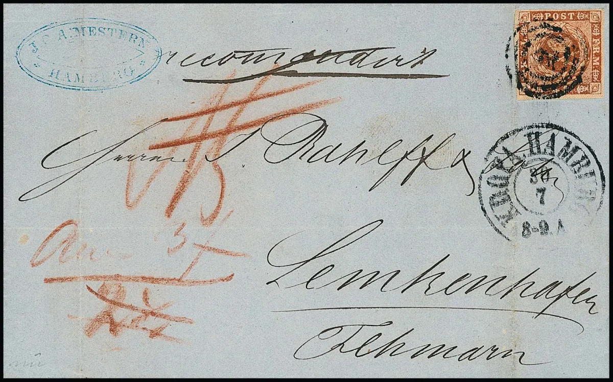 Denmark 4 Sk. brown, perfect copy on registered cover with NS "2" and KDOPA-K2 from Hamburg to Lemkenhafen auf Fehmarn, with corresponding postage due