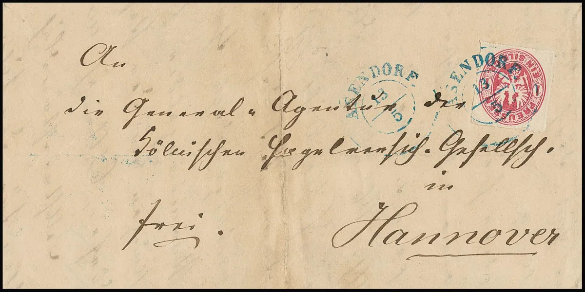 "Asendorf", K2 bleu de réexpédition clair sur lettre (pli central) avec pièce de choix Prusse 1 Sgr.