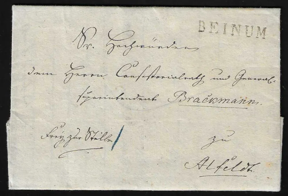 "Beinum", ok. 1815-1829, L1 (raz z L1 "Franco") na trzech listach i jednym odręcznym pokwitowaniu, plus odręczne "DE BEINUM" na liście 1829 do Sehlde