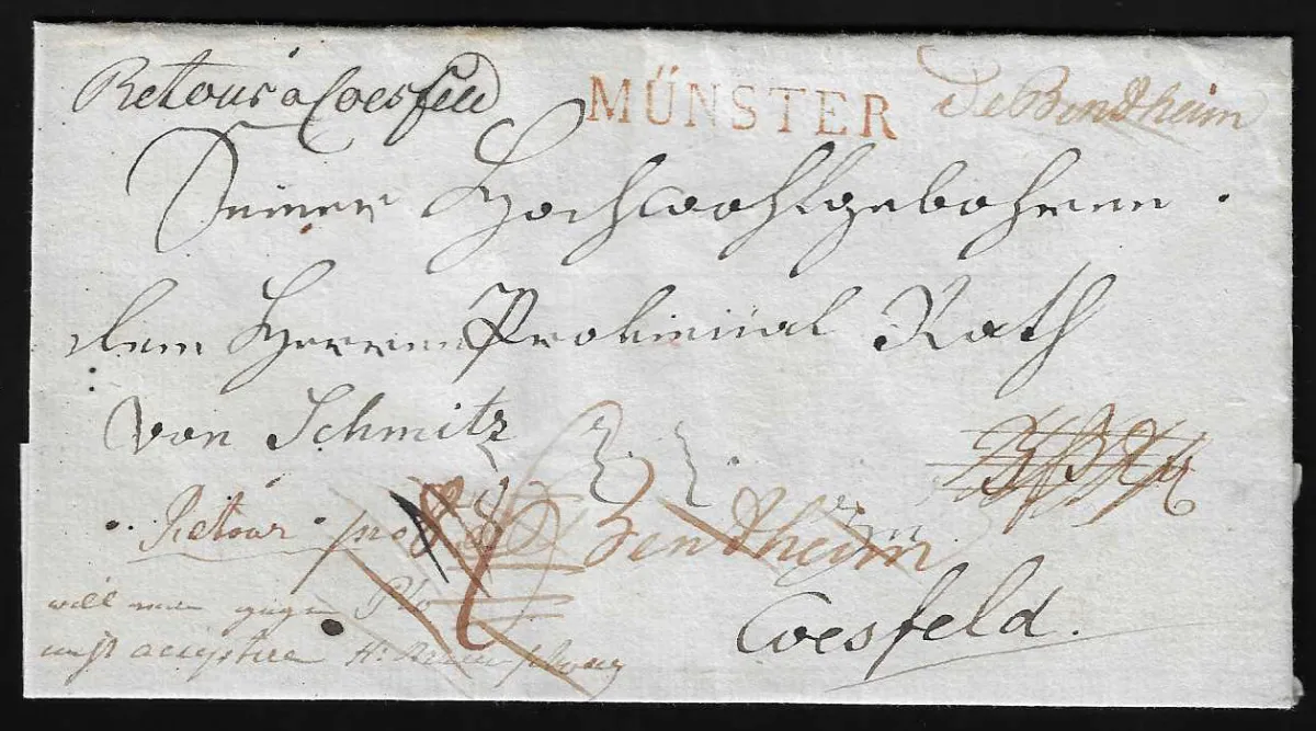 "Bentheim", (1808), dépôt manuscrit à l'encre rouge "de Bendheim", avec L1 rouge "MÜNSTER", sur lettre retour vers Coesfeld et retour