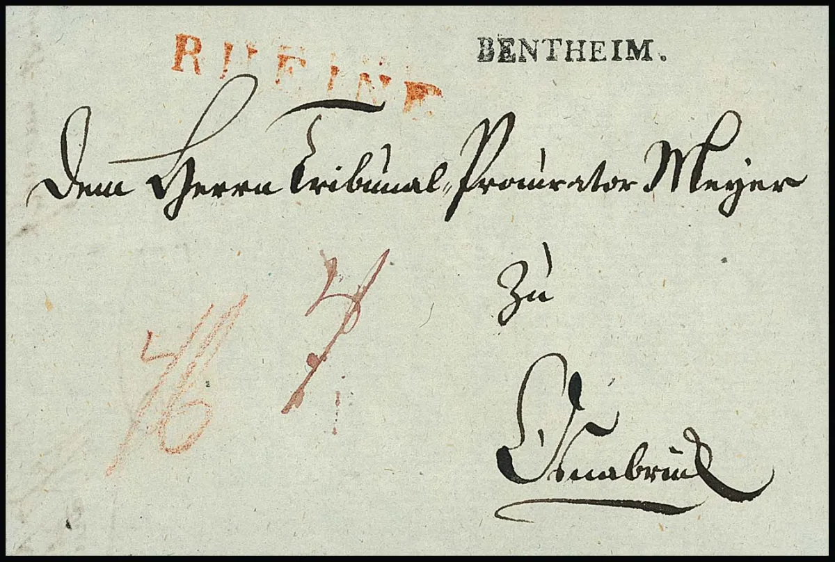 "Bentheim", 1811, 28.4., petit L1 clair avec L1 rouge "RHEINE", resp. "Bentheim" manuscrit avec L1 rouge "RHEINE", sur deux petites lettres de luxe pour Osnabrück resp. Göttingen