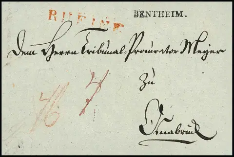 "Bentheim", 1811, 28.4., kleine duidelijke L1 met rode L1 "RHEINE", resp. handgeschreven "Bentheim" met rode L1 "RHEINE", op twee kleine luxe brieven naar Osnabrück resp. Göttingen