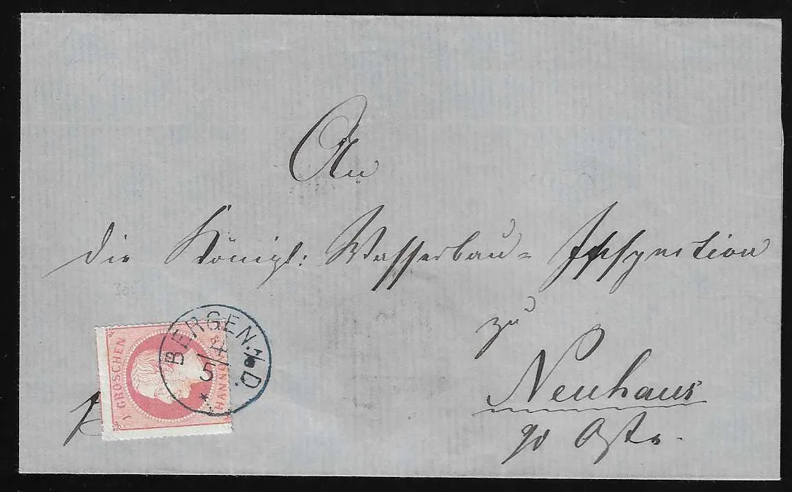 "Bergen a.d.D.", K1 clair sur lettre 1 Gr. rose (sans rabats latéraux)