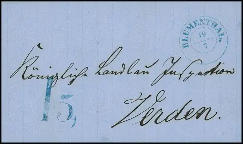 "Blumenthal", (1860), blauwe K2 met zeldzame belastingstempel "1,5" op blauwe kabinet briefomslag naar Verden, ArGe 400,-