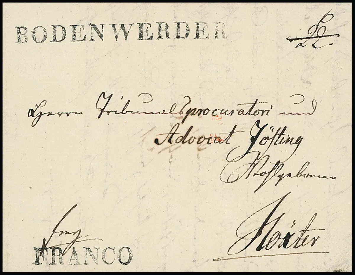 "Bodenwerder", 1810, L1 westphalien clair avec L1 "FRANCO" sur petite lettre de luxe pour Höxter, grande rareté