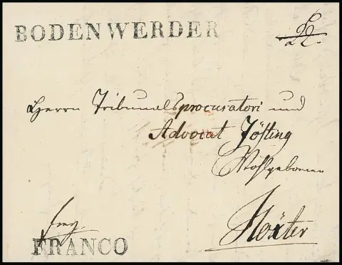 "Bodenwerder", 1810, duidelijke Westfaalse L1 met L1 "FRANCO" op kleine luxe brief naar Höxter, een grote zeldzaamheid