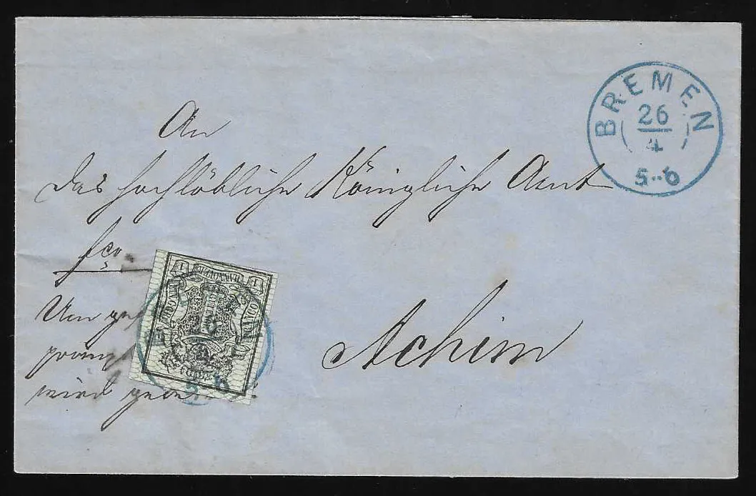 "Bremen", K1 sur 1 Ggr. noir/vert mer détaché et pièce de lettre de cabinet avec paire 1 Ggr., plus pièce de lettre de cabinet 1 Ggr. avec K2, ainsi que celui-ci sur lettre avec 1 Ggr.…