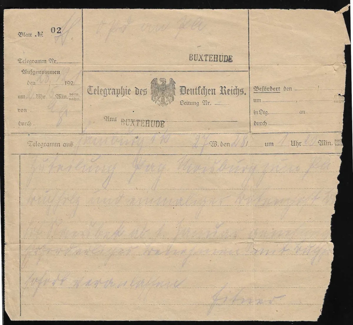 "Buxtehude", 1835-69, sept documents (plus deux télégrammes ultérieurs), dont L1, mandats postaux et de journal