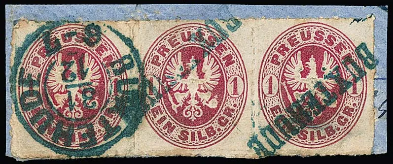 "Buxtehude", nietypowa kombinacja stempli ponownie użytych na pasku trzech Prusy 1 Sgr. (lekka patyna), lewa para z L1, prawy znaczek z K2 sylwestrowym, każdy w kolorze niebieskim