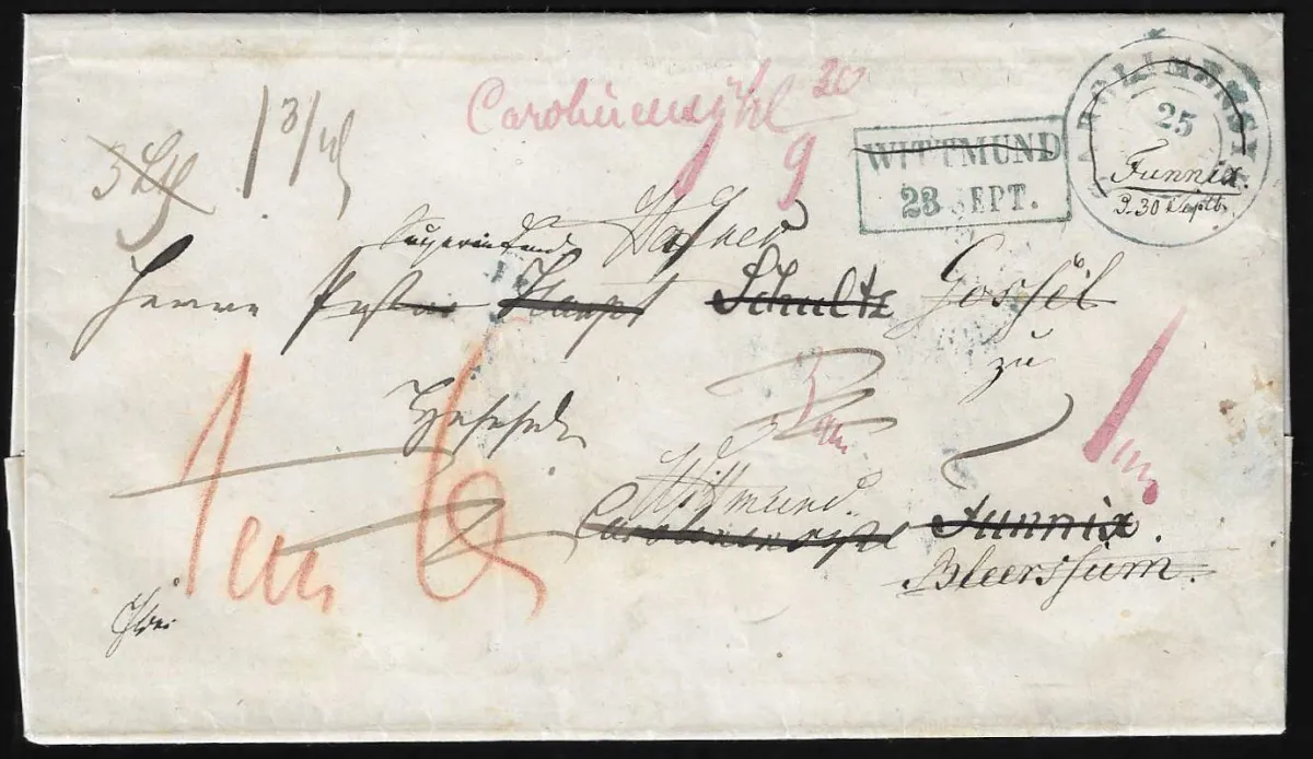 "Carolinensyhl", 1853, dépôt de lettre ms. violet, avec Ra2 bleu "Wittmund" et K2 "Carolinensyhl", sur lettre rurale vers Funix et Beersheim, nombreux…