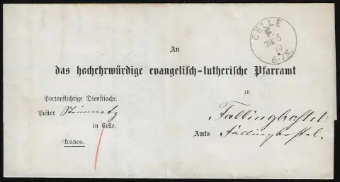 "Celle F.", 1870, duidelijke violette franco-K1 op luxe voorgedrukte omslag naar Fallingbostel