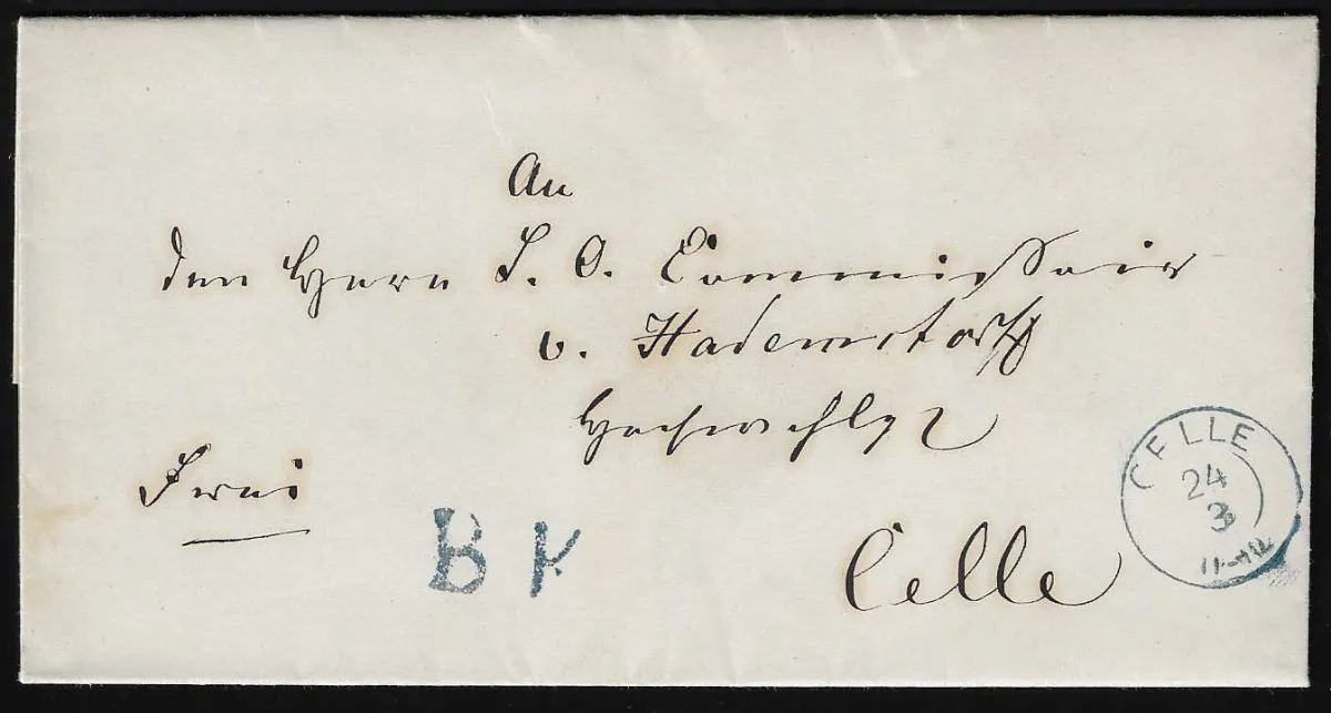 "Celle", 1859/1860, K2 op vier kabinetbrieven uit Wienhausen en Sievershausen, elk met neven-L1 "B.K." (brievenbus)
