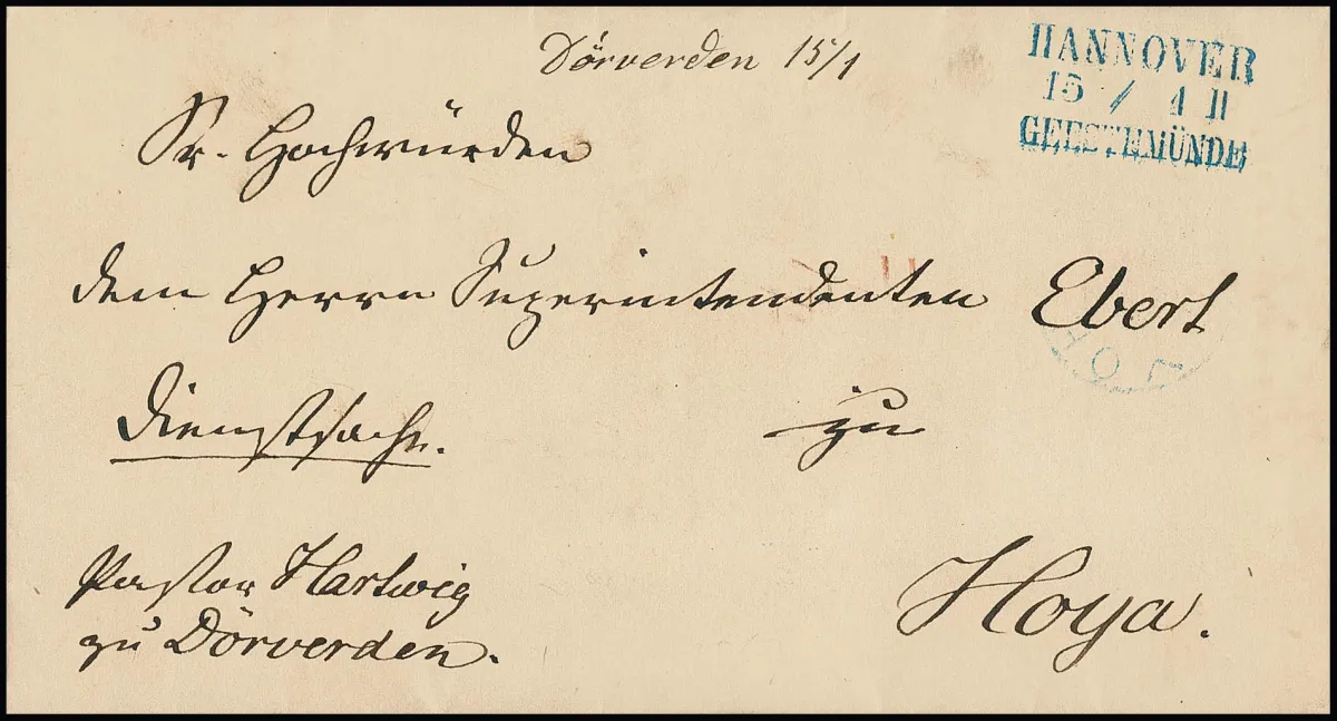 "Dörverden", rare mention manuscrite de dépôt sur lettre avec L3 de poste ferroviaire bleu "Hannover-Geestemünde" (1867)