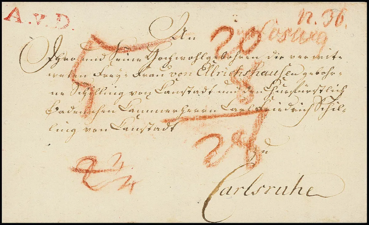 "Duderstadt", (1804), decoratieve briefomslag uit "Coswig" (hs.) met zeer zeldzame rode L1 "A.V.D." (uitgifte Duderstadt) naar Karlsruhe, Hb. 1000,-