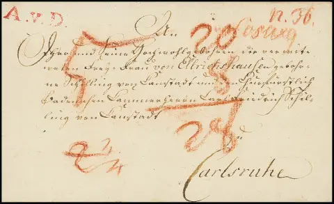 "Duderstadt", (1804), enveloppe décorative de "Coswig" (ms.) avec très rare L1 rouge "A.V.D." (dépôt de Duderstadt) vers Karlsruhe, Hb. 1000,-