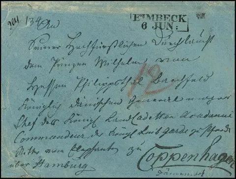 "Einbeck", 1833, L2 sur enveloppe bleue de noblesse (usure d'usage habituelle) avec contenu complet, adressée au prince Wilhelm von Hessen Philippsthal Barchfeld à Copenhague/Danemark, écrite par son frère, contenu de plusieurs pages