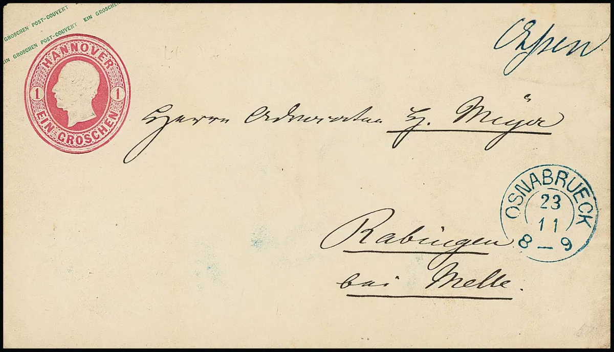 "Essen", dépôt manuscrit de la collection de lettres, avec K2 "Osnabrück", net sur entier postal 1 Gr. rose vers Rabingen près de Melle, expertise photo Berger "irréprochable"