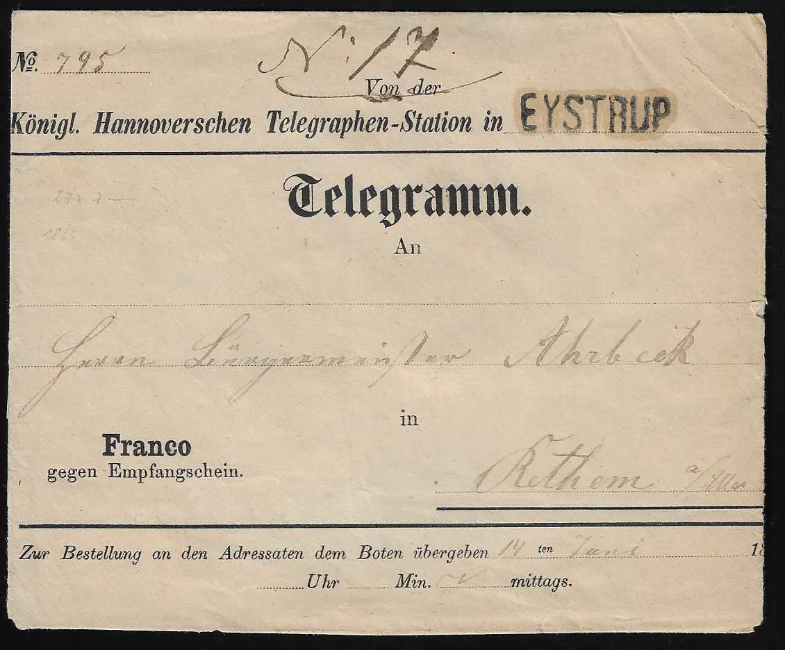 "Eystrup", (1860), L1 de chemin de fer "EYSTRUP" net sur enveloppe de télégramme vers Rethem, au verso beau cachet de cire de la station
