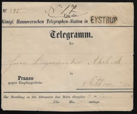 "Eystrup", (1860), L1 de chemin de fer "EYSTRUP" net sur enveloppe de télégramme vers Rethem, au verso beau cachet de cire de la station