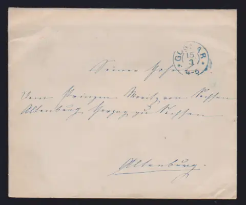"Goslar", (1865), K2 bleu sur enveloppe noble adressée au prince Moritz de Saxe à Altenbourg