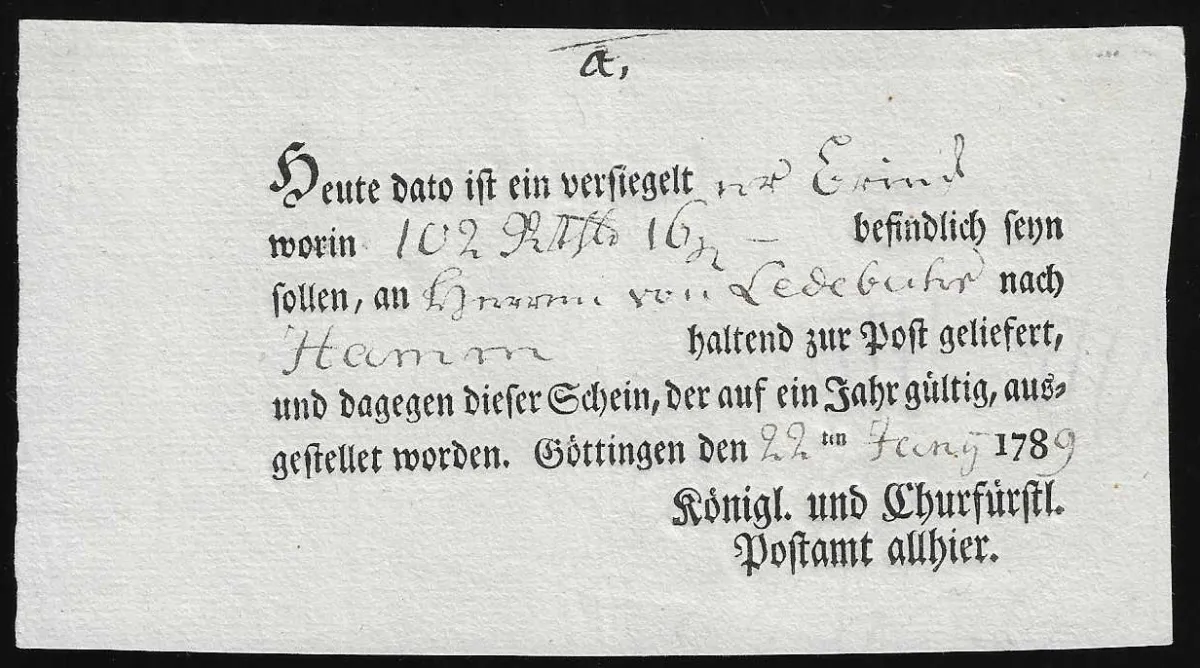 "Göttingen", 1789, local printed postal receipt "königl. und Churfürstl. Postamt allhier"