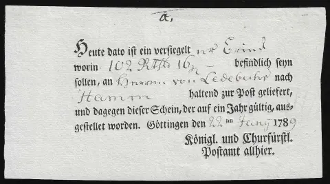 "Göttingen", 1789, bulletin de poste imprimé local "königl. und Churfürstl. Postamt allhier"