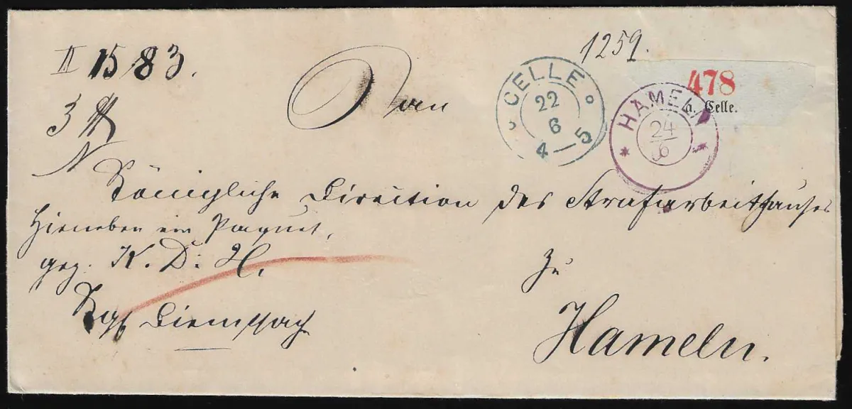 "Hameln", (1860), violet ornamental K2 and blue K2 "Celle" on decorative parcel letter from Celle to there