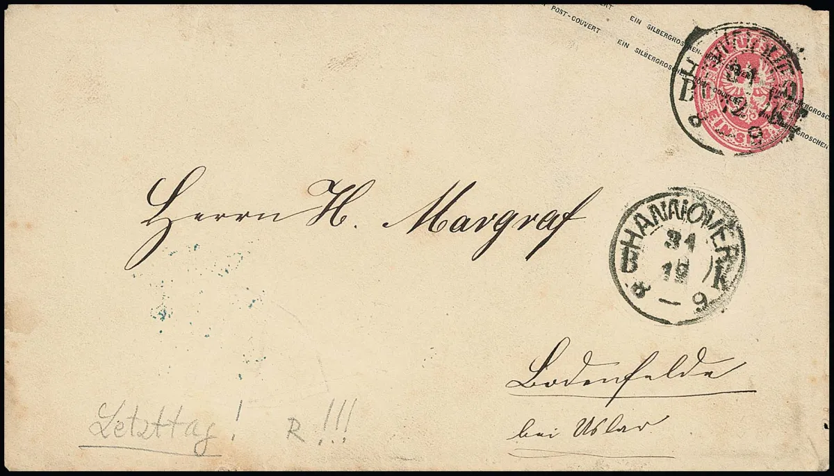 "Hannover B.K. 31.12.", vzácný černý K2 posledního dne 31.12.1867 na pruské celině 1 Sgr.