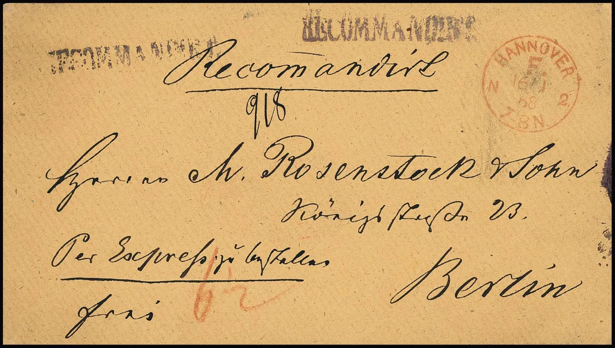 "Hannover F.N.2", 1868, K1 rouge franco net sur enveloppe reco-exprès beige pour Berlin