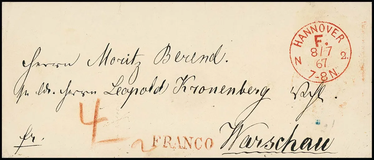 "Hannover F.N.2", K1 rouge franco sur enveloppe étranger 1867 pour Varsovie (taxe "4")