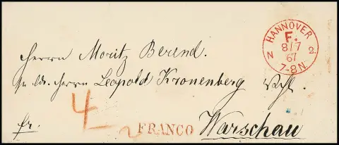 "Hannover F.N.2", K1 rouge franco sur enveloppe étranger 1867 pour Varsovie (taxe "4")