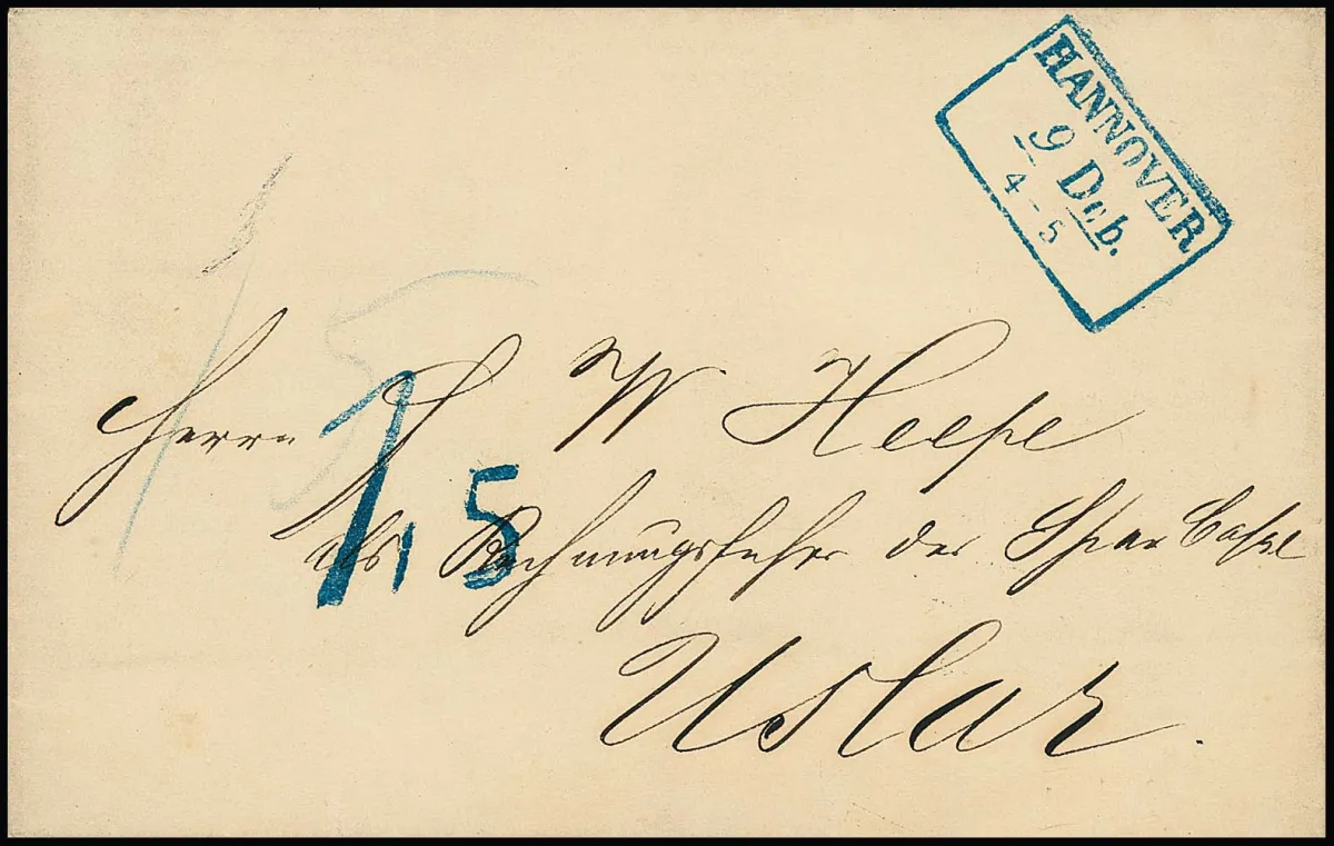 "Hannover", (1850), niebieski Ra3 z stemplem podatkowym "1,5" na liście gabinetowym do Uslar, bardzo rzadki (ArGe Tax 01, 300,-)