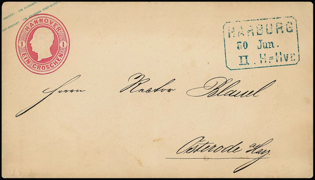"Harburg-II. H.=Hvr.", rare large blue railway post Ra3 clearly on 1 Gr. pink postal stationery