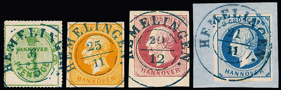 "Hemlingen", each ideally centered K2 on four luxury items 1 Gr. lilac-pink, 2 Gr. blue (letter fragment), 3 Gr. orange and 3 Pfge. green, signed Berger et al.