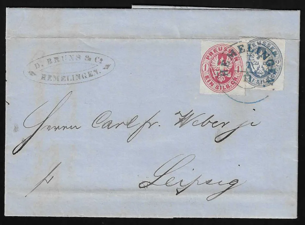 "Hemlingen", klarer nachverw. blauer K2 auf Brief (Falten ausserhalb) mit Preußen 1 (diese kl. Mgl.) und 2 Sgr.