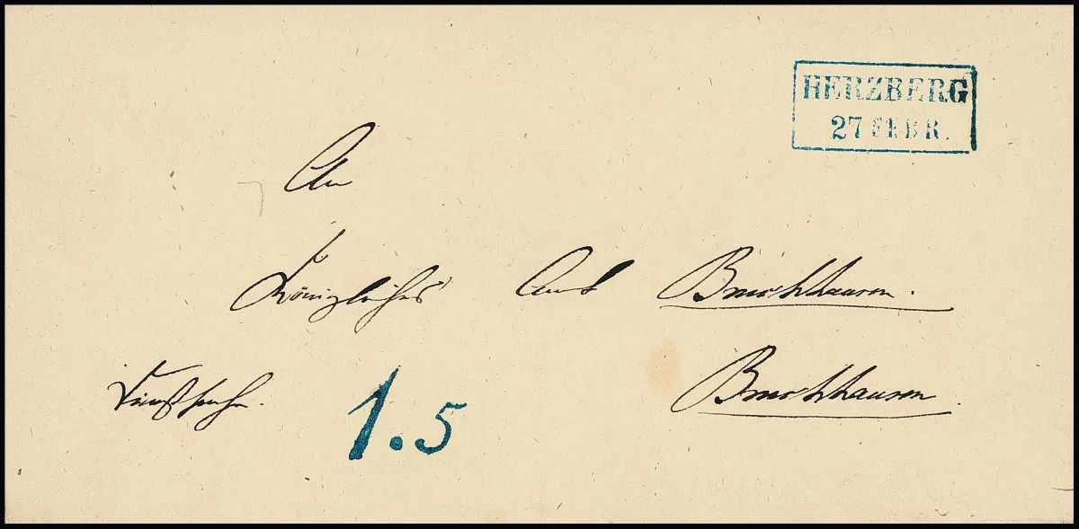 "Herzberg", (1865), синий Ra2 вместе с налоговым штемпелем "1,5" на люксовом конверте в Bruchhausen, ArGe Tax 02, 400,-