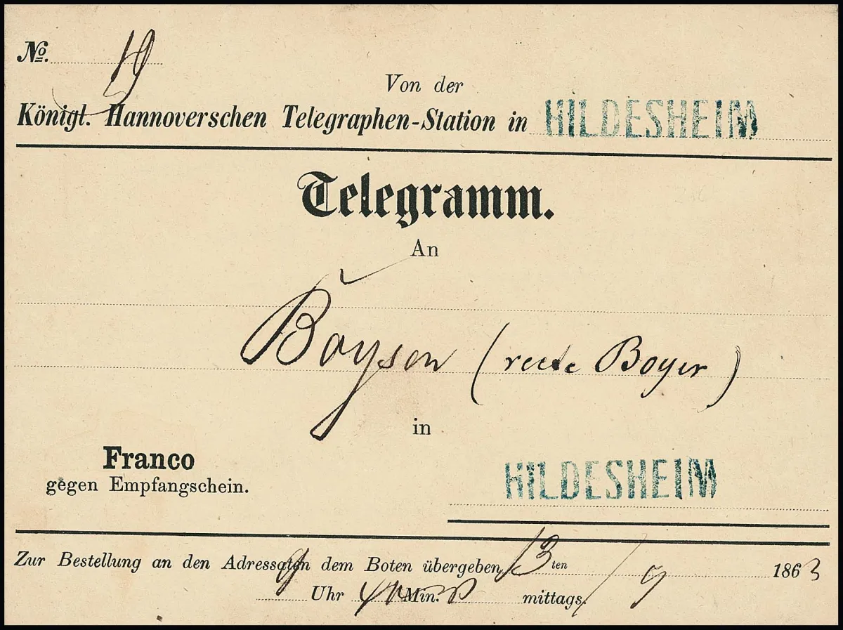 "Hildesheim", 1863, grand L1 bleu (ArGe non listé, cachet de train ?) sur enveloppe de télégramme décorative, au dos sceau de cire de la station