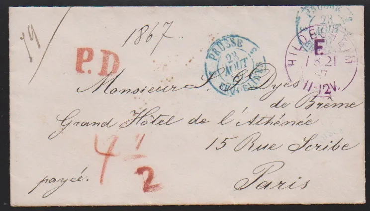 "Hildesheim", 1867, K1 franco violet sur enveloppe de dame pour l'étranger avec taxe "4 1/2" Sgr. pour Paris