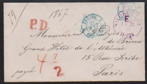 "Hildesheim", 1867, K1 franco violet sur enveloppe de dame pour l'étranger avec taxe "4 1/2" Sgr. pour Paris