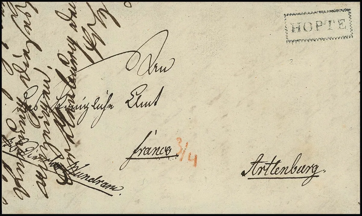"Hopte", 1837, cachet dentelé Ra1 très rare, net sur lettre (un peu d'écriture d'archive à gauche) pour Alrtlenburg, grande rareté de cachet