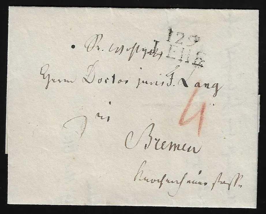"Lehe", 1812, jasný L2 "129 LEHE" na dopise s obsahem do Brém, Feuser 250,-