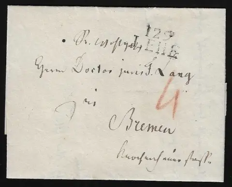 "Lehe", 1812, L2 clair "129 LEHE" sur lettre avec contenu pour Brême, Feuser 250,-
