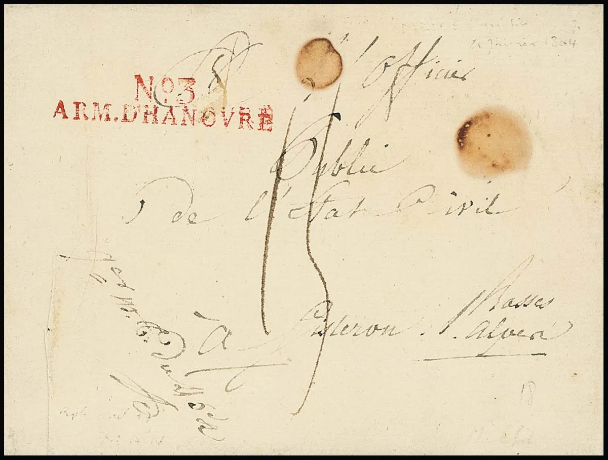 "Melle", 1799, vzácný francouzský armádní poštovní dopis s červeným L2 "No. 3 ARM. D' HANOVRE"