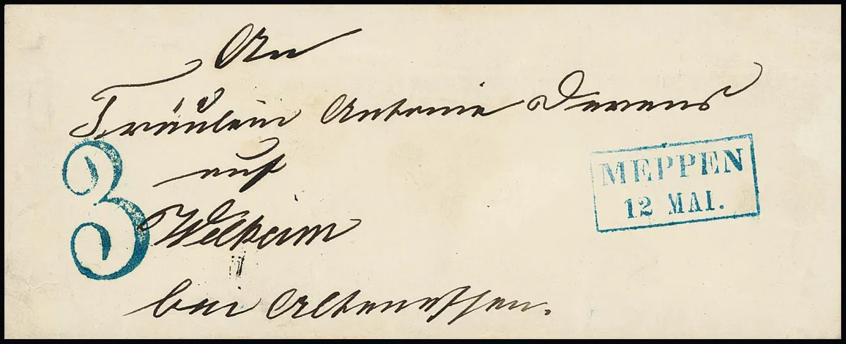 "Meppen", (1850), blauwe Ra2 met belastingstempel "1,5" resp. "3" op twee enveloppen naar Haselünne resp. Weilheim, ArGe 02 (vijf afdrukken bekend, 600,-), 03 (250,-)