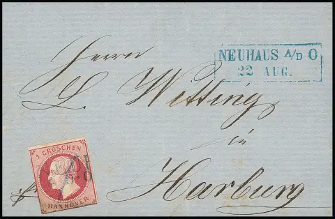 "Neuhaus a.d.O.", L2 bleu comme très rare préoblitération (Grobe inconnu, le Ra2 déjà + 300,- DM, ce qui était alors l'une des plus hautes évaluations), Ra2 adjacent, avec trait bleu, sur lettre 1 Gr. (calculé et trace de charnière), photo exp. Berger