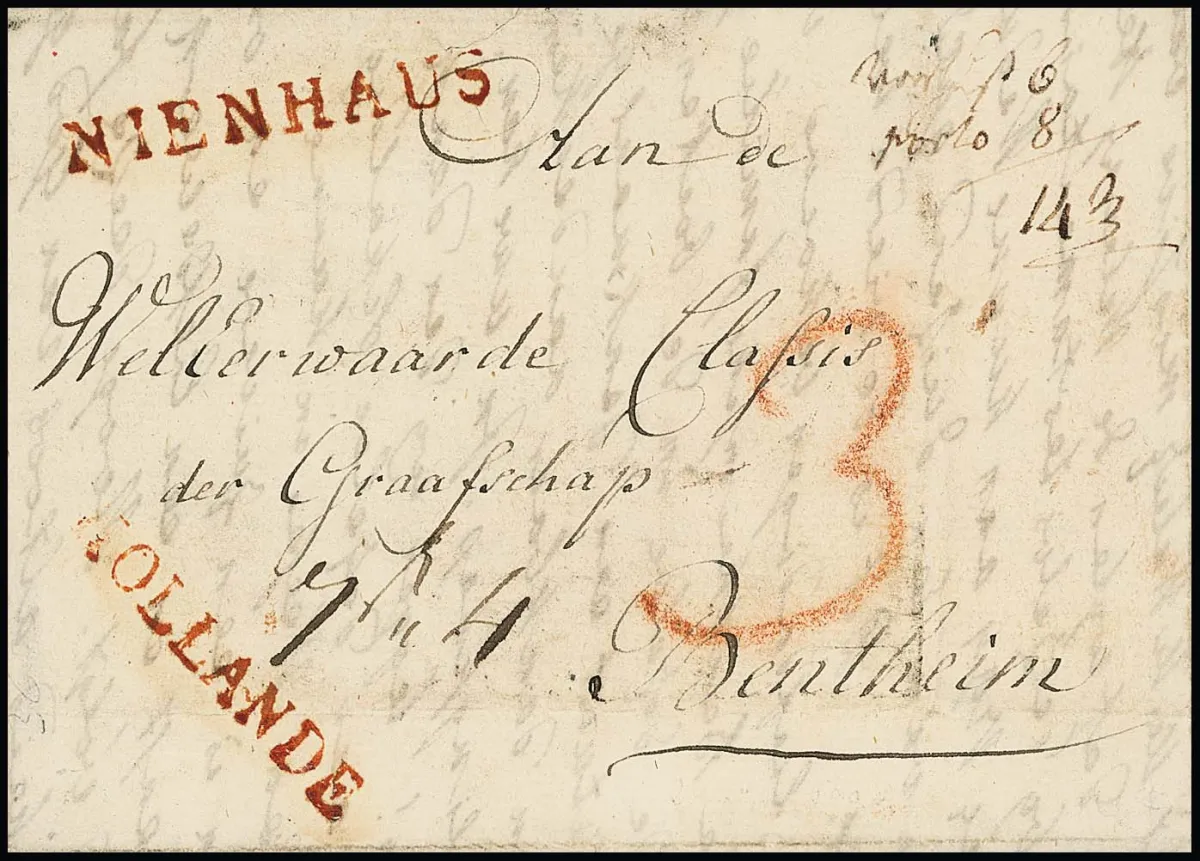 "Nienhaus", 1809, czerwony L1 bergijski, z L1 "HOLLANDE", na pięknym małym liście z Amsterdamu do Bentheim, interesujące obliczenie opłaty pocztowej w prawym górnym rogu